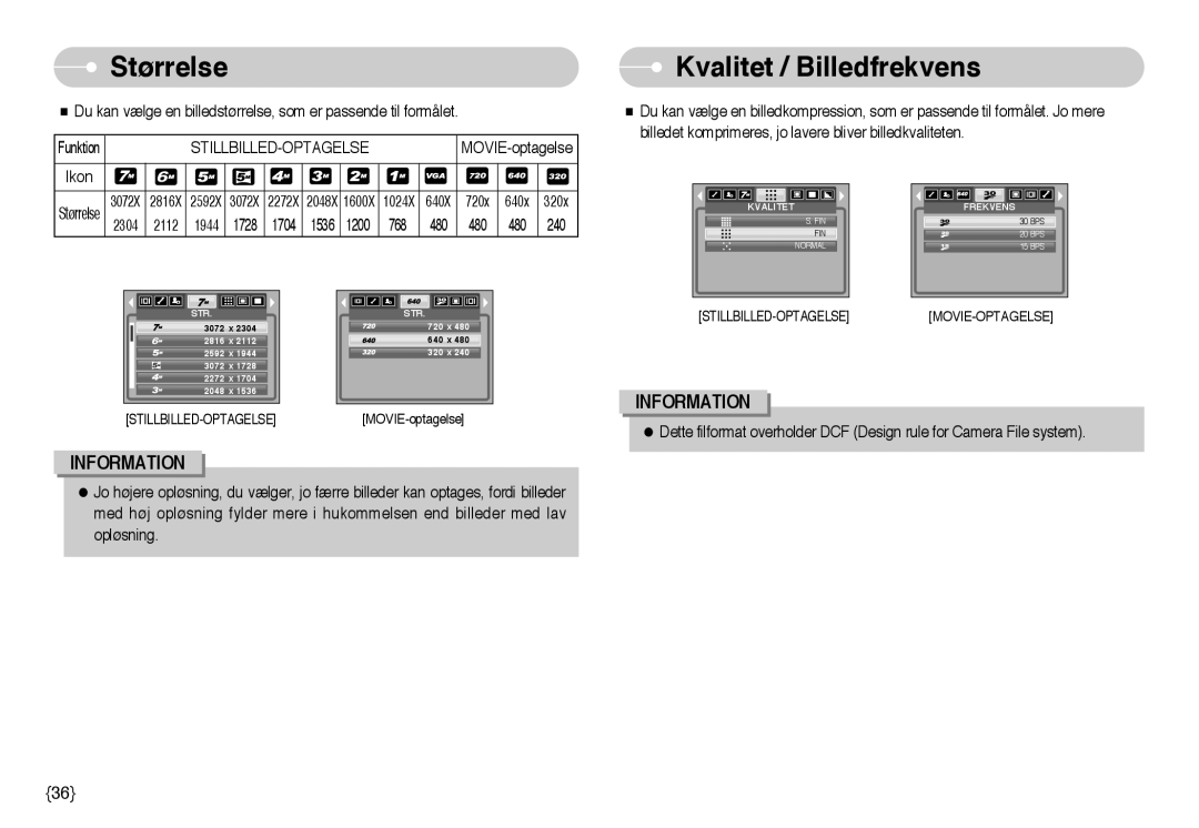 Samsung EC-NV3ZZSBA/E1, EC-NV3ZZBBC/E2, EC-NV3ZZSBA/DE, EC-NV3ZZBBB/E2, EC-NV3ZZBBG/E2 Størrelse, Kvalitet / Billedfrekvens 