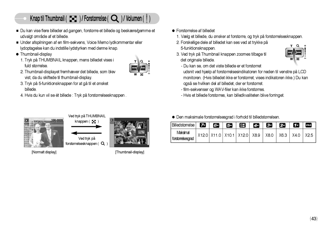 Samsung EC-NV3ZZBBF/E2, EC-NV3ZZBBC/E2, EC-NV3ZZSBA/E1, EC-NV3ZZSBA/DE manual Knap til Thumbnail / Forstørrelse / Volumen 