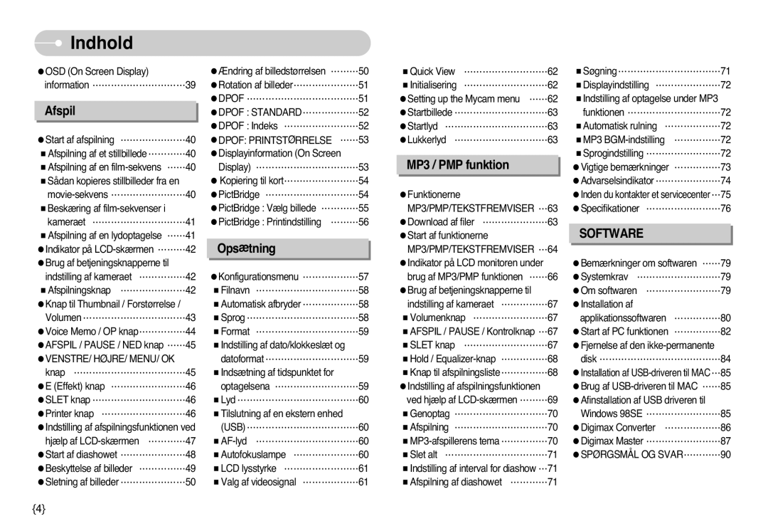 Samsung EC-NV3ZZBBA/FI, EC-NV3ZZBBC/E2 Dpof Printstørrelse ……53, MP3/PMP/TEKSTFREMVISER …63, MP3/PMP/TEKSTFREMVISER …64 