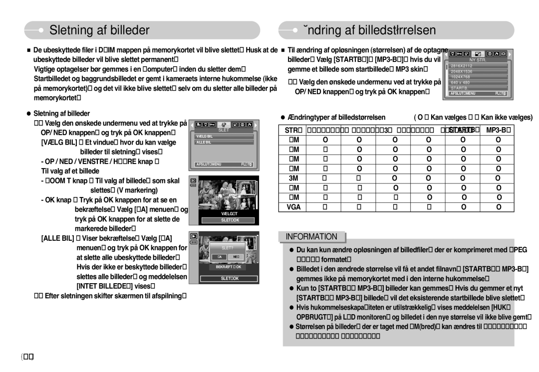 Samsung EC-NV3ZZSBA/E2, EC-NV3ZZBBC/E2, EC-NV3ZZSBA/E1, EC-NV3ZZSBA/DE Sletning af billeder Ændring af billedstørrelsen, Vga 