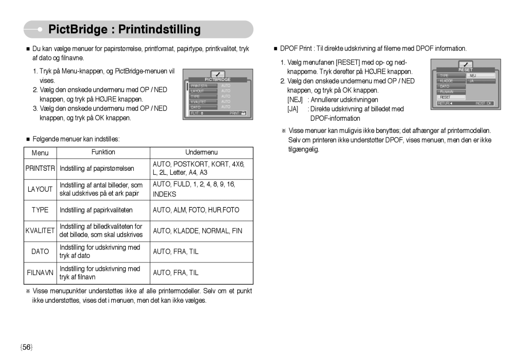 Samsung EC-NV3ZZBBB/E2 manual PictBridge Printindstilling, AUTO, POSTKORT, Kort, Auto, Alm, Foto, Hur.Foto, Auto, Fra, Til 