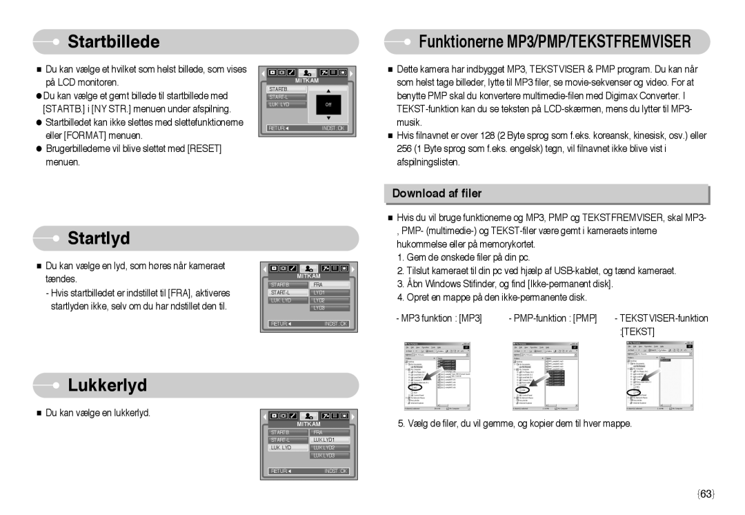 Samsung EC-NV3ZZSBA/E1, EC-NV3ZZBBC/E2, EC-NV3ZZSBA/DE, EC-NV3ZZBBB/E2, EC-NV3ZZBBG/E2 manual Startbillede, Startlyd, Lukkerlyd 