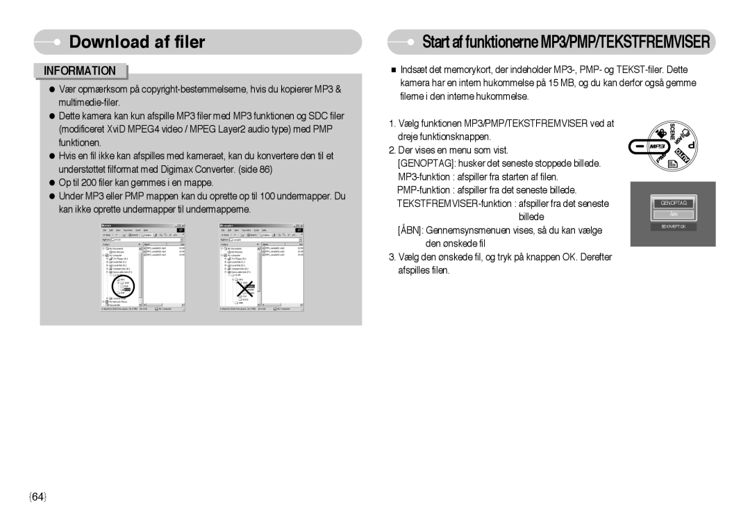 Samsung EC-NV3ZZSBA/DE, EC-NV3ZZBBC/E2, EC-NV3ZZSBA/E1 manual Download af filer, Start af funktionerne MP3/PMP/TEKSTFREMVISER 