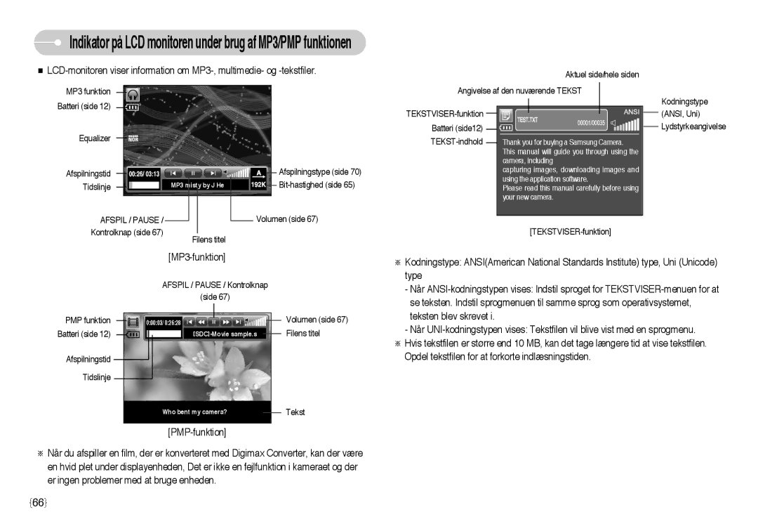 Samsung EC-NV3ZZBBG/E2, EC-NV3ZZBBC/E2, EC-NV3ZZSBA/E1 manual Indikator på LCD monitoren under brug af MP3/PMP funktionen 