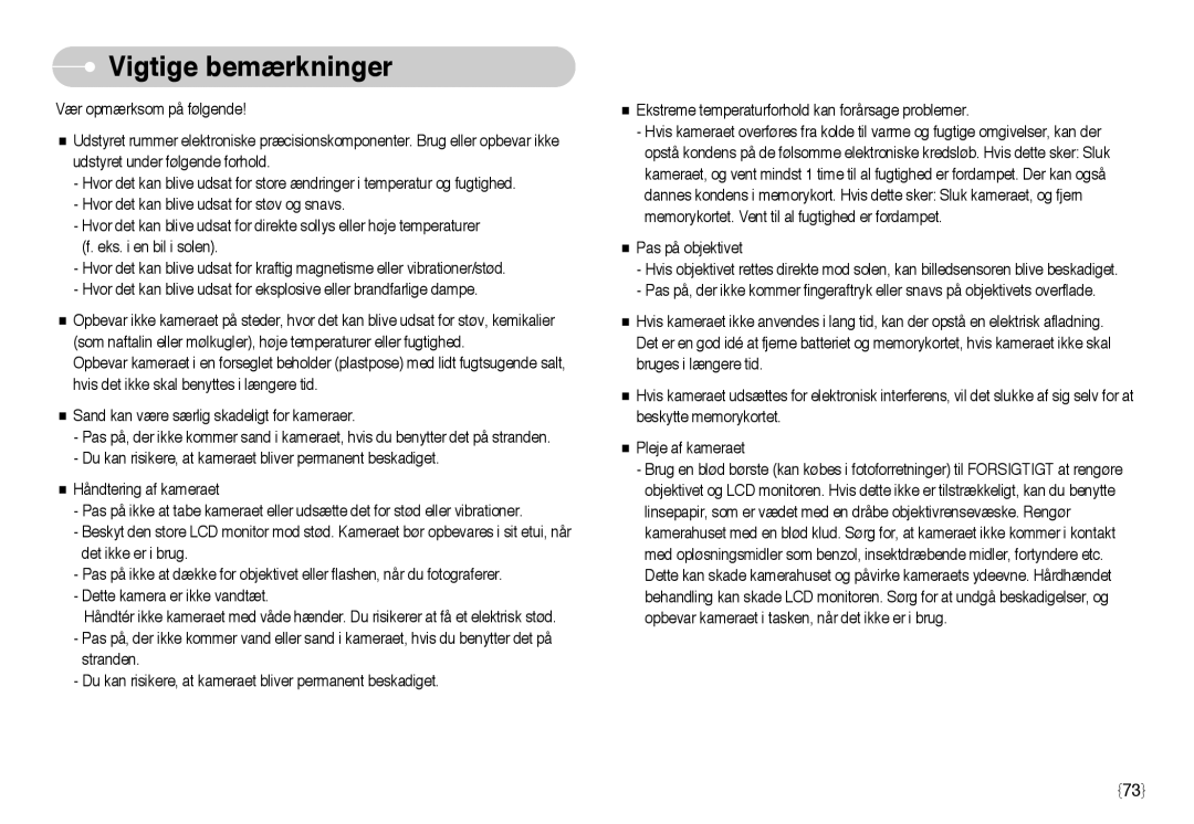 Samsung EC-NV3ZZSBA/DE, EC-NV3ZZBBC/E2, EC-NV3ZZSBA/E1, EC-NV3ZZBBB/E2, EC-NV3ZZBBG/E2, EC-NV3ZZBBA/FI Vigtige bemærkninger 