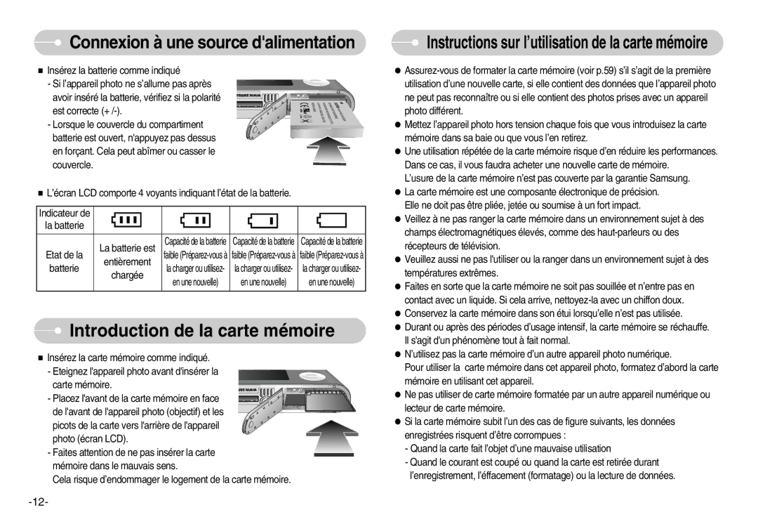 Samsung EC-NV3ZZBBD/E1, EC-NV3ZZSAA Introduction de la carte mémoire, Instructions sur l’utilisation de la carte mémoire 