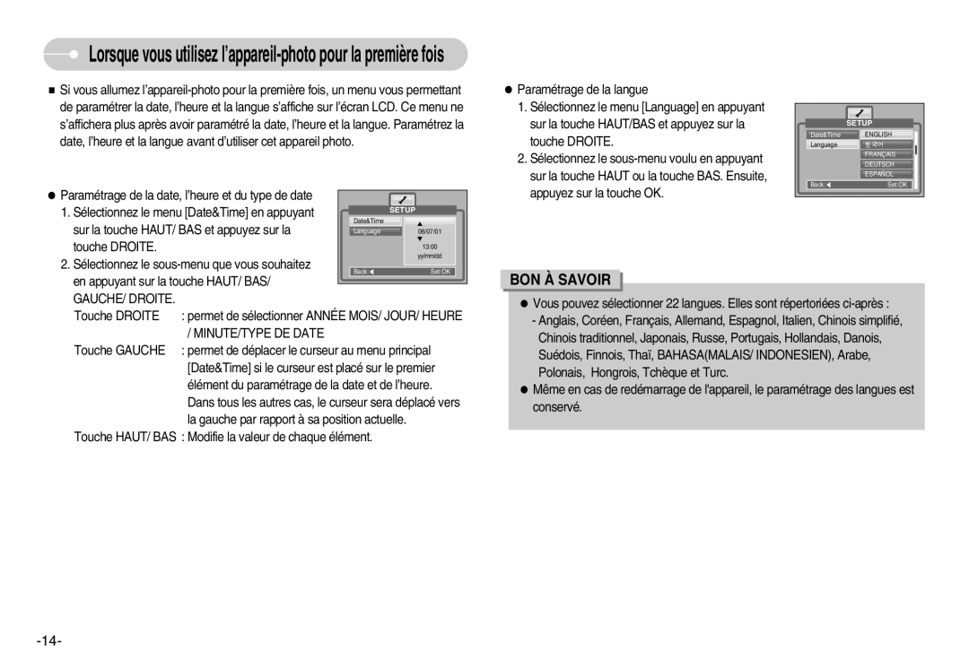 Samsung EC-NV3ZZBBD/FR, EC-NV3ZZSAA, EC-NV3ZZBBC/E2, EC-NV3ZZSBA/E1, EC-NV3ZZBBD/E1 manual GAUCHE/ Droite, MINUTE/TYPE DE Date 