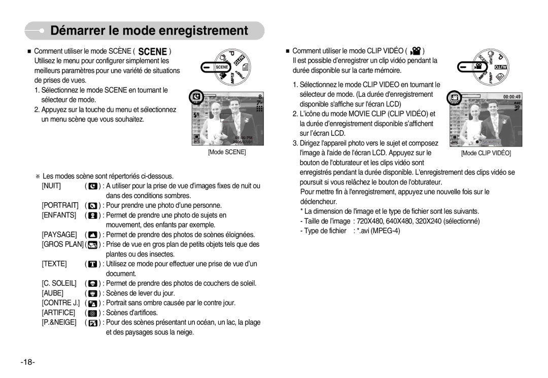 Samsung EC-NV3ZZSBA/DE, EC-NV3ZZSAA, EC-NV3ZZBBC/E2 manual Nuit, Portrait, Gros Plan, Texte, Soleil, Contre J, Artifice 