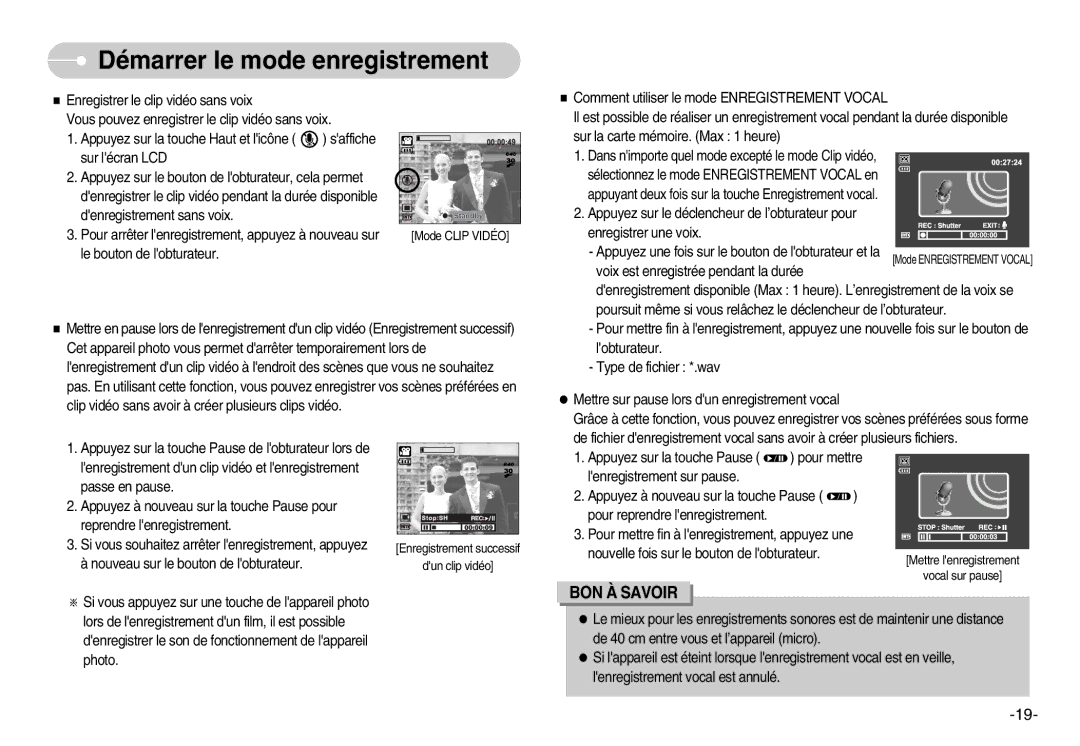 Samsung EC-NV3ZZSAA, EC-NV3ZZBBC/E2, EC-NV3ZZSBA/E1, EC-NV3ZZBBD/E1, EC-NV3ZZBBA/FR, EC-NV3ZZBBD/FR manual Mode Clip Vidéo 