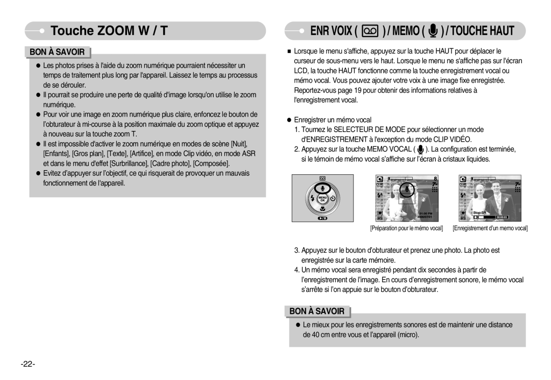 Samsung EC-NV3ZZBBD/E1, EC-NV3ZZSAA, EC-NV3ZZBBC/E2, EC-NV3ZZSBA/E1, EC-NV3ZZBBA/FR manual ENR Voix / Memo / Touche Haut 