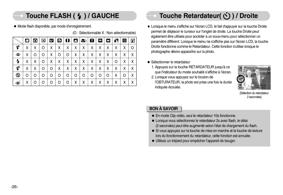 Samsung EC-NV3ZZSBA/FR, EC-NV3ZZSAA, EC-NV3ZZBBC/E2, EC-NV3ZZSBA/E1, EC-NV3ZZBBD/E1 manual Touche Retardateur / Droite 