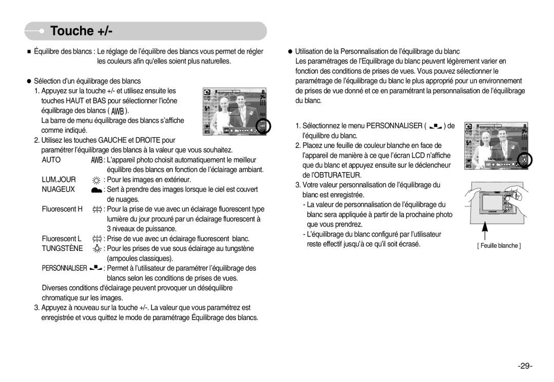 Samsung EC-NV3ZZSAA, EC-NV3ZZBBC/E2, EC-NV3ZZSBA/E1, EC-NV3ZZBBD/E1, EC-NV3ZZBBA/FR manual Lum.Jour, Nuageux, Tungstène 