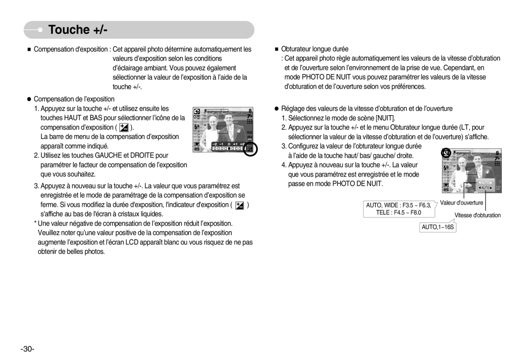 Samsung EC-NV3ZZBBC/E2, EC-NV3ZZSAA, EC-NV3ZZSBA/E1, EC-NV3ZZBBD/E1, EC-NV3ZZBBA/FR, EC-NV3ZZBBD/FR manual Valeur douverture 