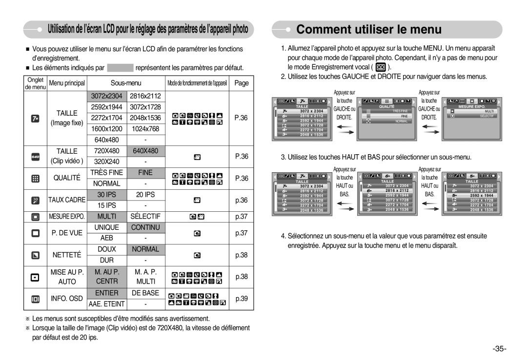 Samsung EC-NV3ZZBBC/FR, EC-NV3ZZSAA, EC-NV3ZZBBC/E2, EC-NV3ZZSBA/E1, EC-NV3ZZBBD/E1, EC-NV3ZZBBA/FR Comment utiliser le menu 