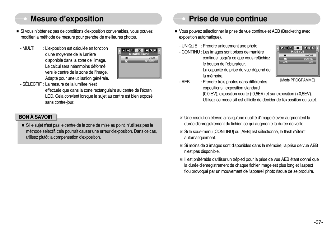 Samsung EC-NV3ZZBBB/FR, EC-NV3ZZSAA, EC-NV3ZZBBC/E2, EC-NV3ZZSBA/E1 manual Mesure d’exposition, Prise de vue continue 