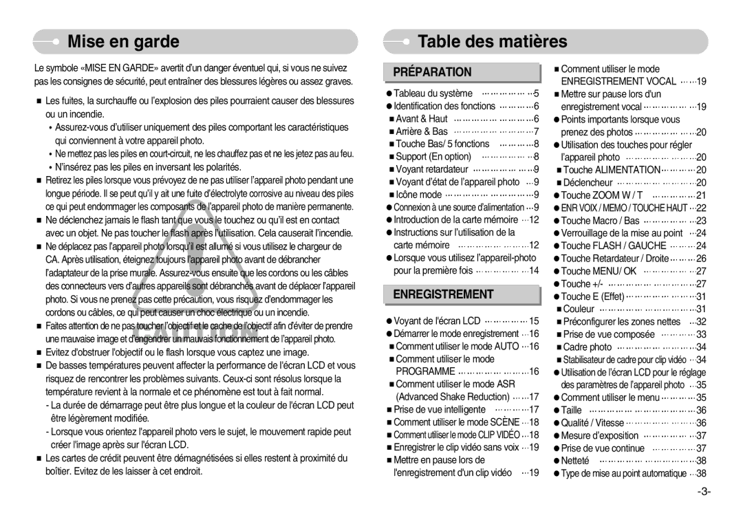 Samsung EC-NV3ZZBBA/FR, EC-NV3ZZSAA, EC-NV3ZZBBC/E2 manual Mise en garde, Table des matières, Enregistrement Vocal, Programme 