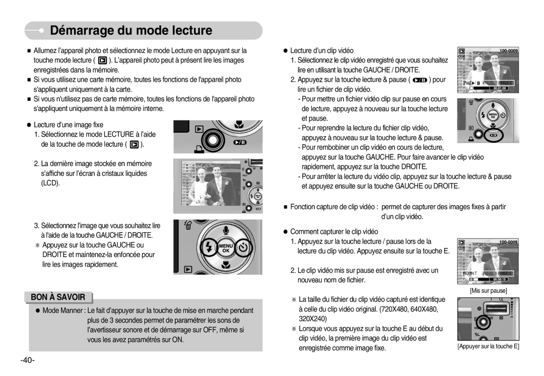 Samsung EC-NV3ZZBBC/E2, EC-NV3ZZSAA, EC-NV3ZZSBA/E1, EC-NV3ZZBBD/E1, EC-NV3ZZBBA/FR, EC-NV3ZZBBD/FR Démarrage du mode lecture 