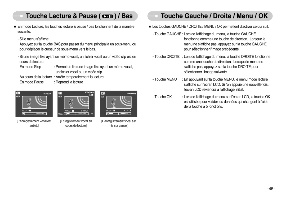 Samsung EC-NV3ZZBBC/FR, EC-NV3ZZSAA, EC-NV3ZZBBC/E2 manual Touche Gauche / Droite / Menu / OK, Touche Lecture & Pause / Bas 