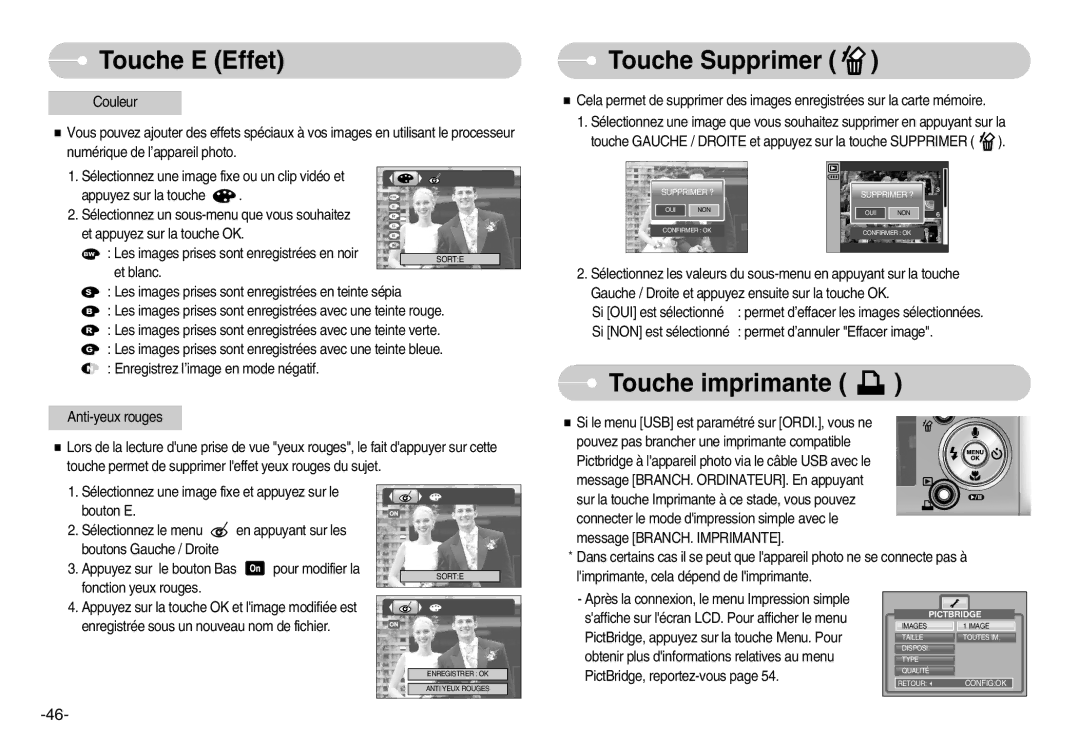 Samsung EC-NV3ZZSBA/FR, EC-NV3ZZSAA, EC-NV3ZZBBC/E2, EC-NV3ZZSBA/E1, EC-NV3ZZBBD/E1 manual Touche Supprimer, Touche imprimante 