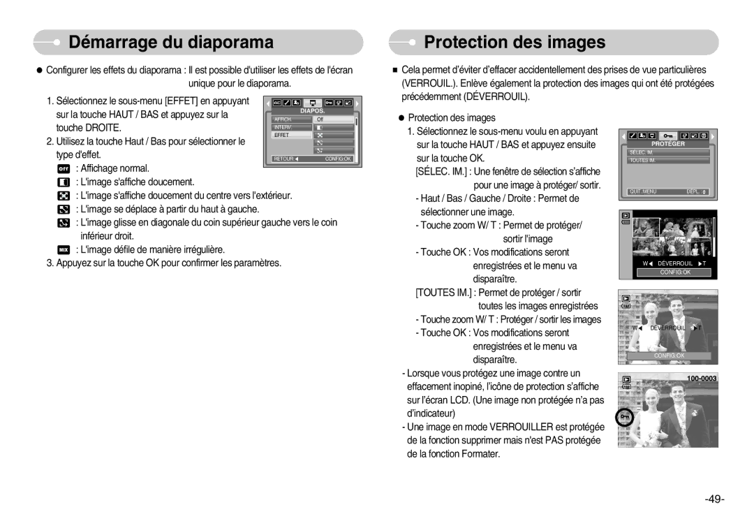 Samsung EC-NV3ZZSAA, EC-NV3ZZBBC/E2, EC-NV3ZZSBA/E1, EC-NV3ZZBBD/E1, EC-NV3ZZBBA/FR, EC-NV3ZZBBD/FR manual Protection des images 