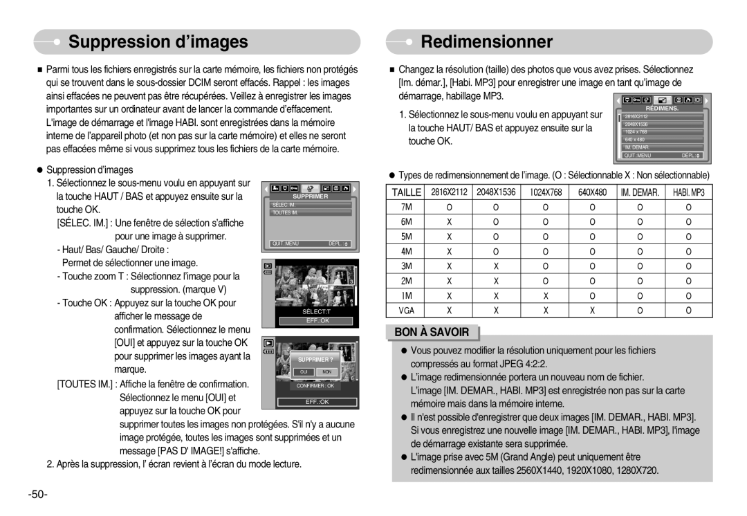 Samsung EC-NV3ZZBBC/E2, EC-NV3ZZSAA, EC-NV3ZZSBA/E1, EC-NV3ZZBBD/E1, EC-NV3ZZBBA/FR manual Suppression d’images, Redimensionner 