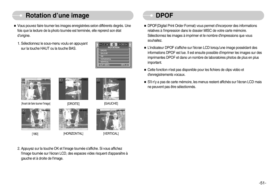 Samsung EC-NV3ZZSBA/E1, EC-NV3ZZSAA, EC-NV3ZZBBC/E2, EC-NV3ZZBBD/E1, EC-NV3ZZBBA/FR, EC-NV3ZZBBD/FR Rotation d’une image, Dpof 