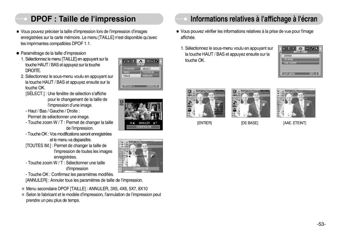 Samsung EC-NV3ZZBBA/FR, EC-NV3ZZSAA manual Dpof Taille de limpression, Informations relatives à laffichage à lécran 