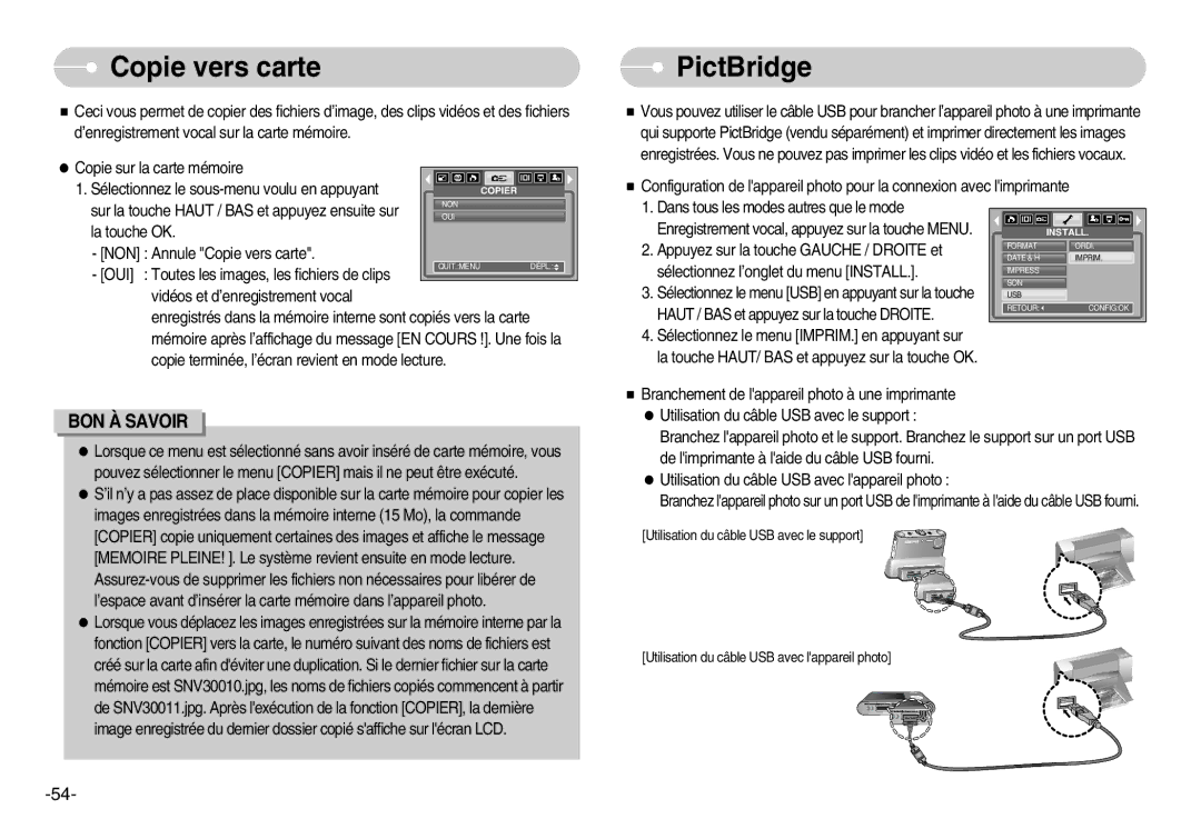 Samsung EC-NV3ZZBBD/FR, EC-NV3ZZSAA, EC-NV3ZZBBC/E2, EC-NV3ZZSBA/E1, EC-NV3ZZBBD/E1 manual Copie vers carte, PictBridge 