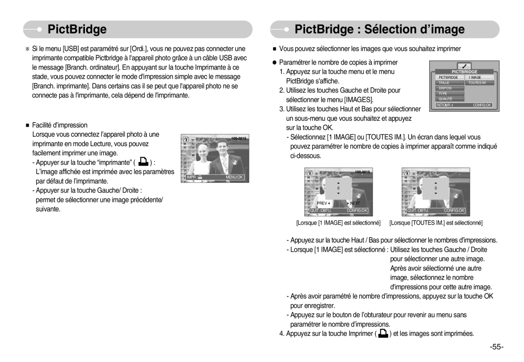 Samsung EC-NV3ZZBBC/FR, EC-NV3ZZSAA, EC-NV3ZZBBC/E2, EC-NV3ZZSBA/E1, EC-NV3ZZBBD/E1 manual PictBridge Sélection d’image 