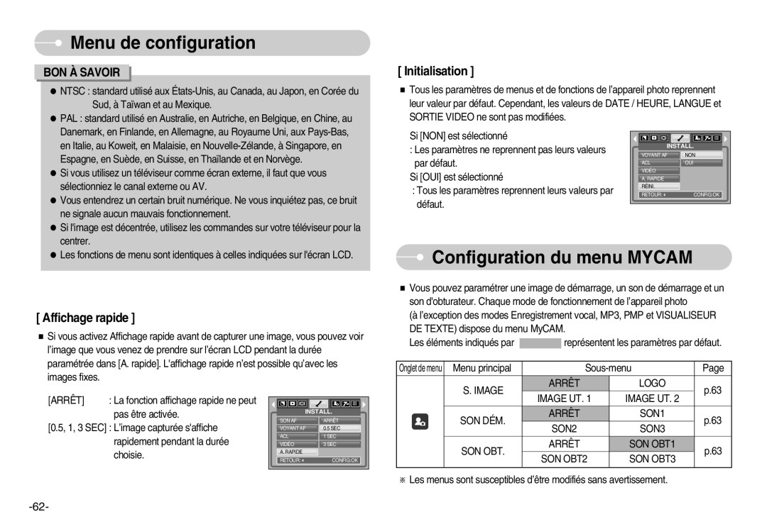 Samsung EC-NV3ZZBBD/E1, EC-NV3ZZSAA, EC-NV3ZZBBC/E2, EC-NV3ZZSBA/E1 manual Configuration du menu Mycam, Arrêt Logo Image 