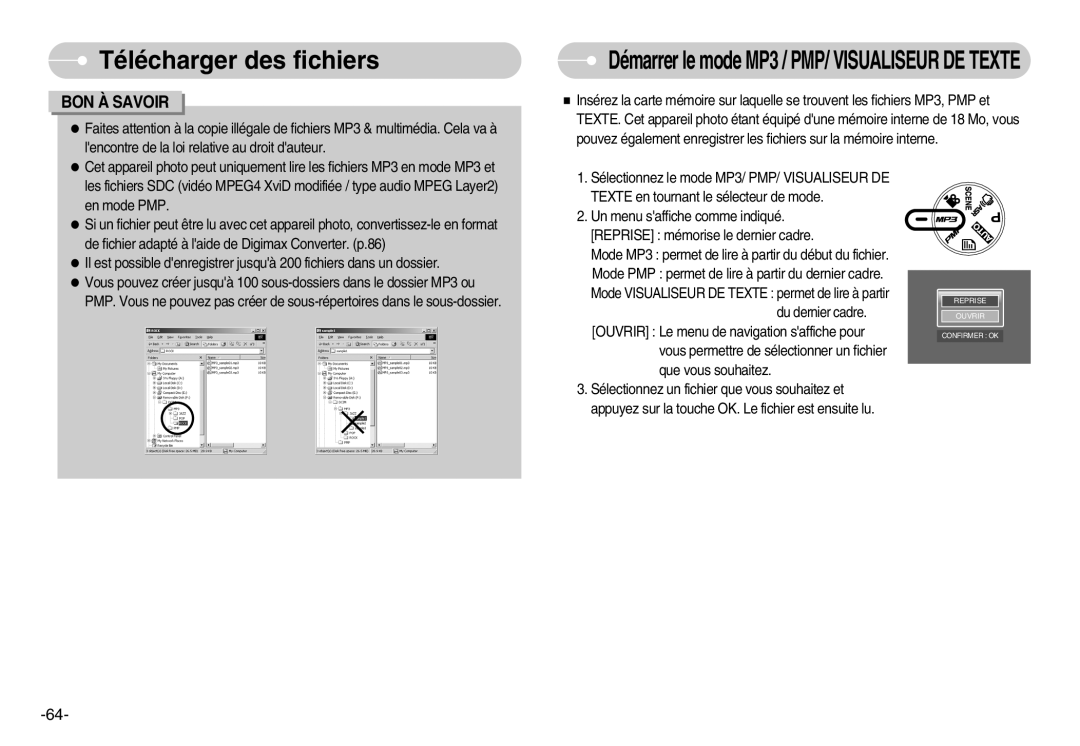 Samsung EC-NV3ZZBBD/FR, EC-NV3ZZSAA manual Télécharger des fichiers, Démarrer le mode MP3 / PMP/ Visualiseur DE Texte 