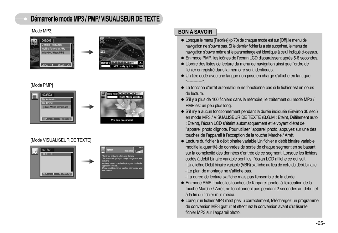 Samsung EC-NV3ZZBBC/FR, EC-NV3ZZSAA, EC-NV3ZZBBC/E2, EC-NV3ZZSBA/E1, EC-NV3ZZBBD/E1, EC-NV3ZZBBA/FR, EC-NV3ZZBBD/FR Mode MP3 