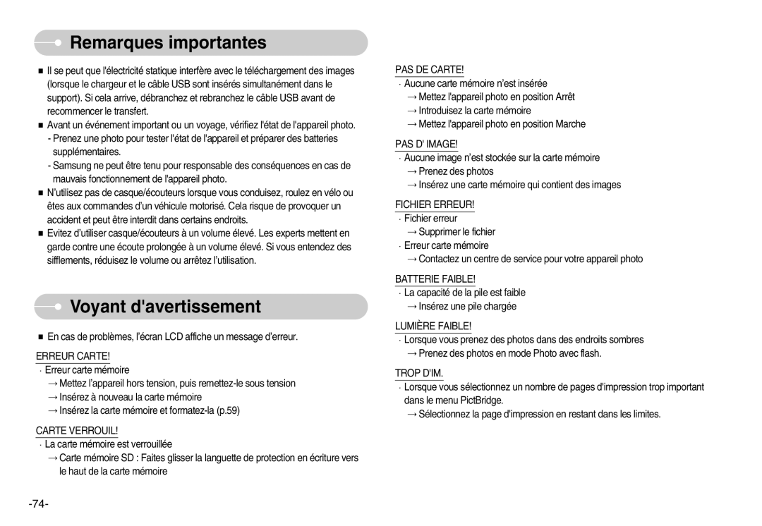 Samsung EC-NV3ZZBBD/FR, EC-NV3ZZSAA, EC-NV3ZZBBC/E2, EC-NV3ZZSBA/E1, EC-NV3ZZBBD/E1, EC-NV3ZZBBA/FR manual Voyant davertissement 