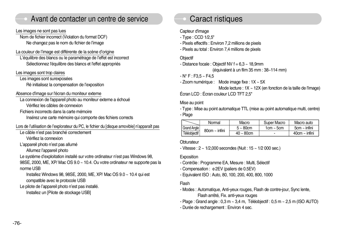 Samsung EC-NV3ZZSBA/FR, EC-NV3ZZSAA, EC-NV3ZZBBC/E2, EC-NV3ZZSBA/E1, EC-NV3ZZBBD/E1, EC-NV3ZZBBA/FR manual Caractéristiques 