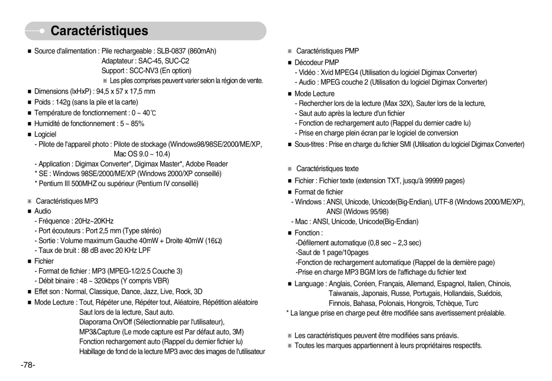 Samsung EC-NV3ZZSBA/DE, EC-NV3ZZSAA, EC-NV3ZZBBC/E2, EC-NV3ZZSBA/E1, EC-NV3ZZBBD/E1, EC-NV3ZZBBA/FR manual Caractéristiques 