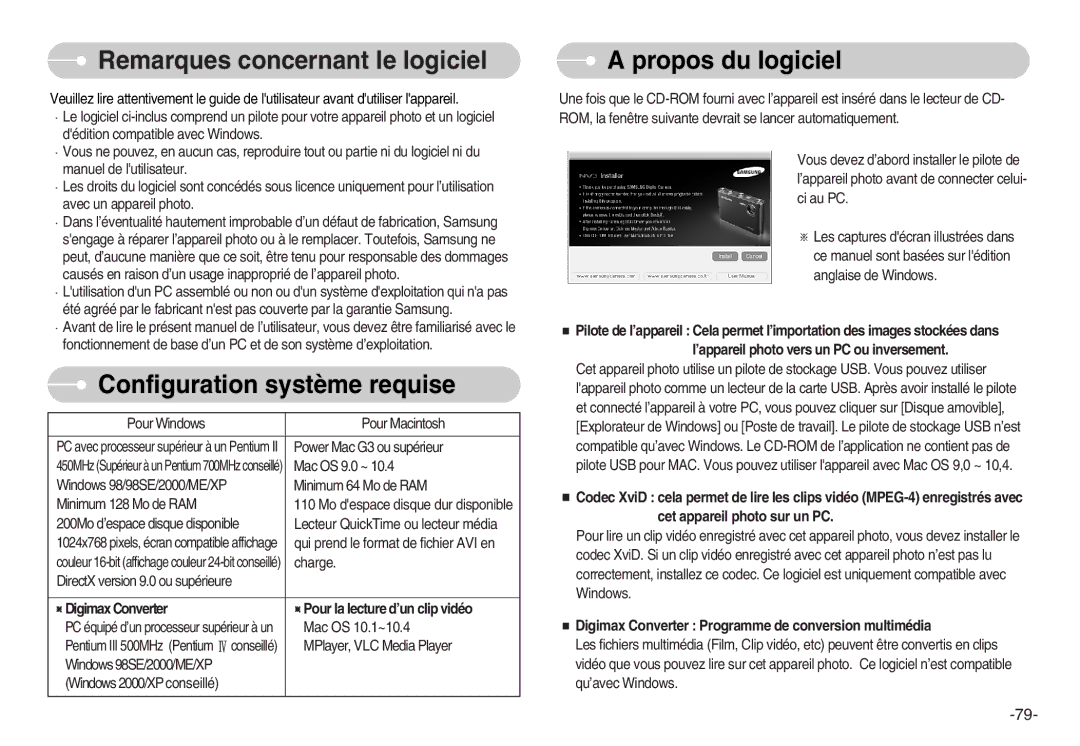 Samsung EC-NV3ZZSAA, EC-NV3ZZBBC/E2 Remarques concernant le logiciel, Configuration système requise, Propos du logiciel 