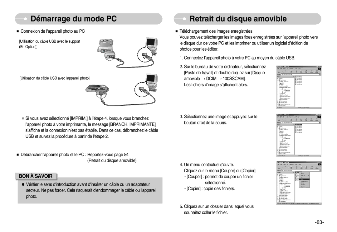 Samsung EC-NV3ZZBBA/FR, EC-NV3ZZSAA, EC-NV3ZZBBC/E2 manual Retrait du disque amovible, Connexion de lappareil photo au PC 