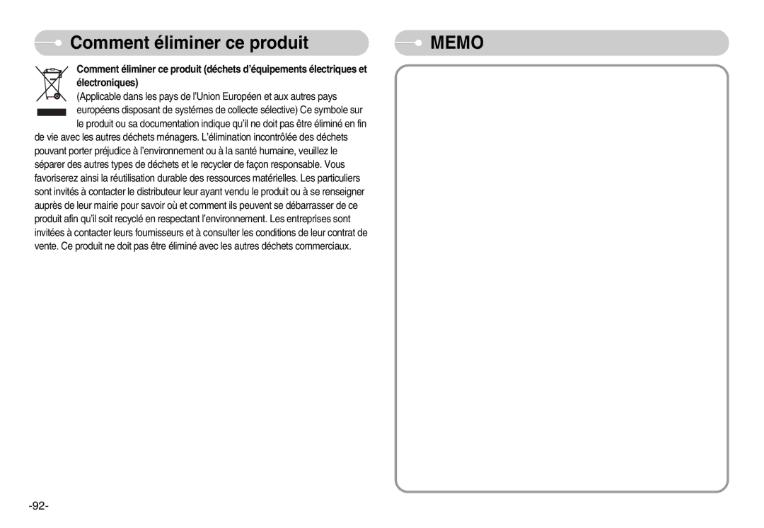 Samsung EC-NV3ZZBBD/E1, EC-NV3ZZSAA, EC-NV3ZZBBC/E2, EC-NV3ZZSBA/E1, EC-NV3ZZBBA/FR manual Comment éliminer ce produit, Memo 