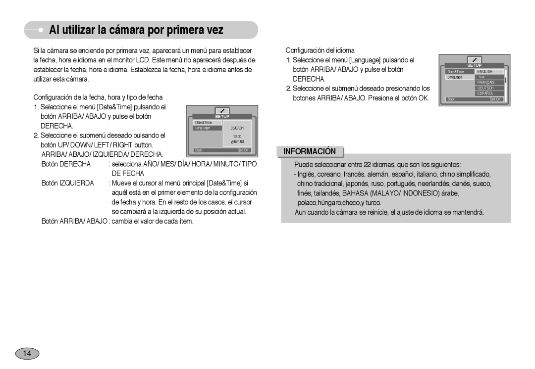 Samsung EC-NV3ZZBBD/E1, EC-NV3ZZSBA/E1, EC-NV3ZZSBA/DE, EC-NV3ZZBBA/SP manual ARRIBA/ ABAJO/ IZQUIERDA/ Derecha, DE Fecha 