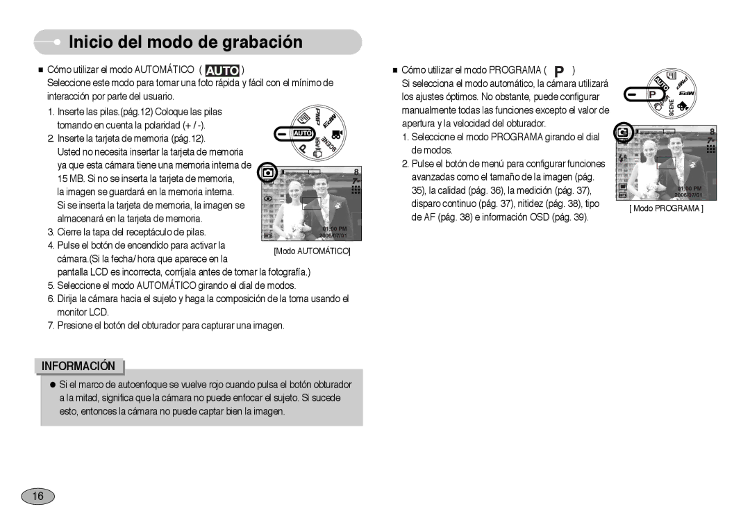 Samsung EC-NV3ZZBBA/SP, EC-NV3ZZSBA/E1, EC-NV3ZZBBD/E1 manual Inicio del modo de grabación, De AF pág e información OSD pág 