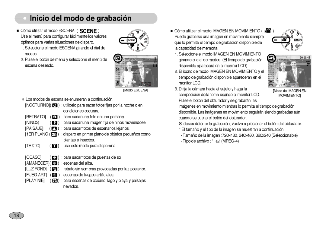 Samsung EC-NV3ZZBBH/E1 manual Nocturno, Retrato, Paisaje, 1ER Plano, Texto, Amanecer, LUZ Fond, Fueg ART, Play NIE 