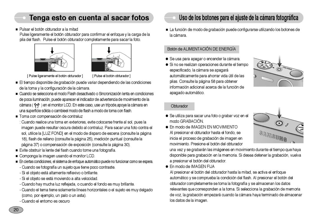 Samsung EC-NV3ZZSBA/E1 Tenga esto en cuenta al sacar fotos, Uso de los botones para el ajuste de la cámara fotográfica 