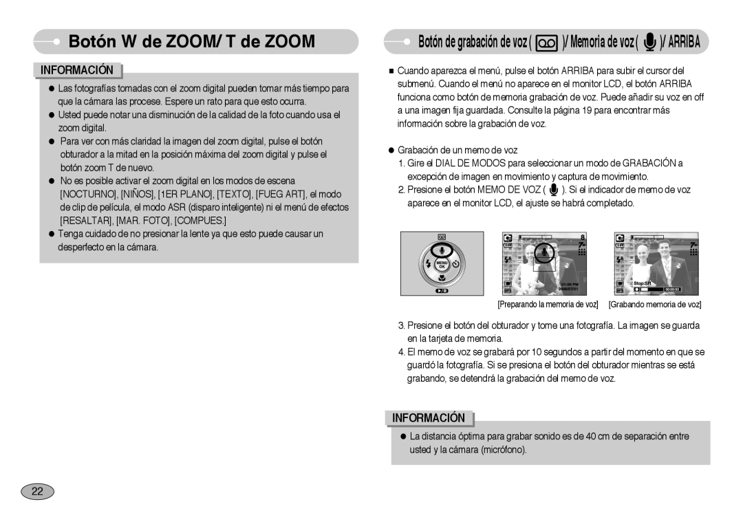 Samsung EC-NV3ZZSBA/DE, EC-NV3ZZSBA/E1, EC-NV3ZZBBD/E1, EC-NV3ZZBBA/SP Botón de grabación de voz / Memoria de voz / Arriba 