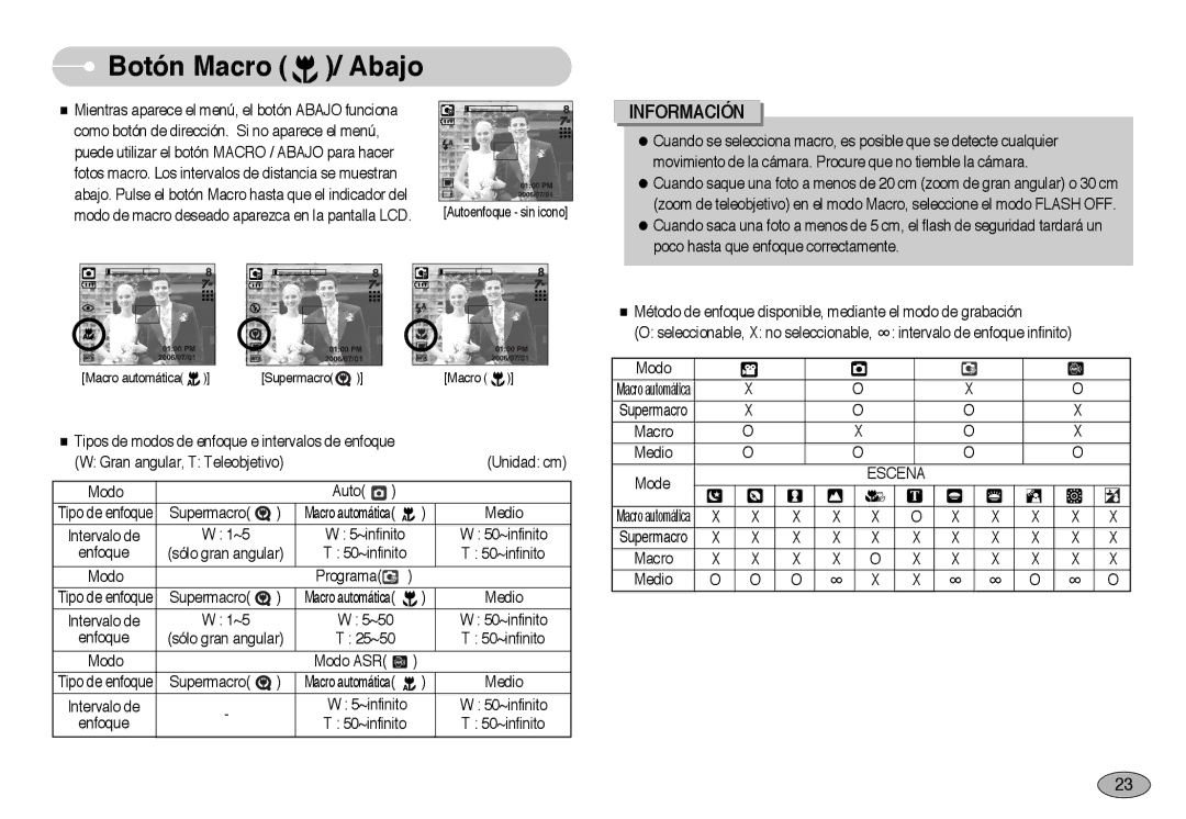 Samsung EC-NV3ZZBBA/SP, EC-NV3ZZSBA/E1, EC-NV3ZZBBD/E1, EC-NV3ZZSBA/DE manual Botón Macro Abajo, Macro Medio Mode 