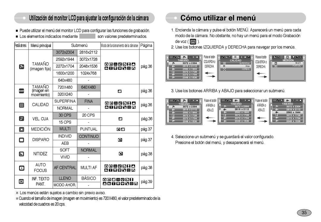 Samsung EC-NV3ZZBBD/E1, EC-NV3ZZSBA/E1, EC-NV3ZZSBA/DE, EC-NV3ZZBBA/SP, EC-NV3ZZBBA/PT, EC-NV3ZZBBH/E1 Cómo utilizar el menú 