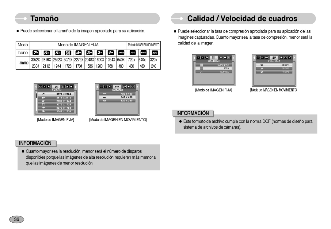 Samsung EC-NV3ZZSBA/DE, EC-NV3ZZSBA/E1, EC-NV3ZZBBD/E1, EC-NV3ZZBBA/SP, EC-NV3ZZBBA/PT Tamaño, Calidad / Velocidad de cuadros 