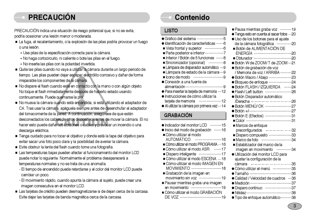 Samsung EC-NV3ZZBBA/PT, EC-NV3ZZSBA/E1, EC-NV3ZZBBD/E1, EC-NV3ZZSBA/DE, EC-NV3ZZBBA/SP, EC-NV3ZZBBH/E1 Precaución, Contenido 