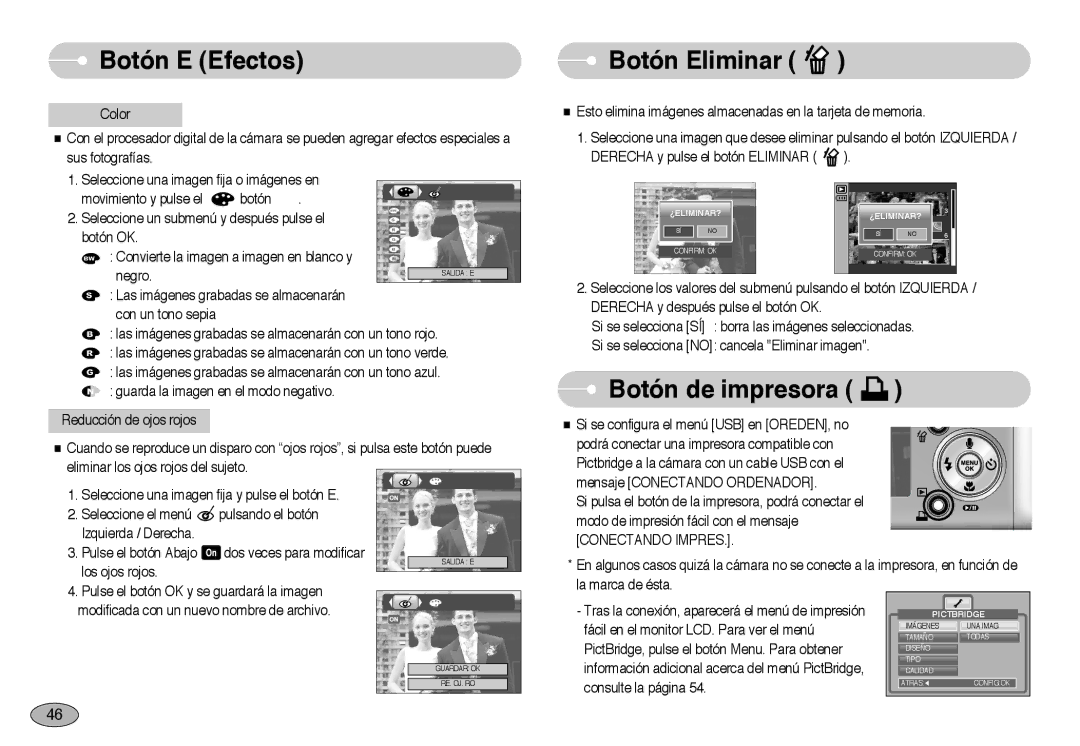 Samsung EC-NV3ZZBBH/E1 manual Botón Eliminar, Botón de impresora, Las imágenes grabadas se almacenarán, Con un tono sepia 