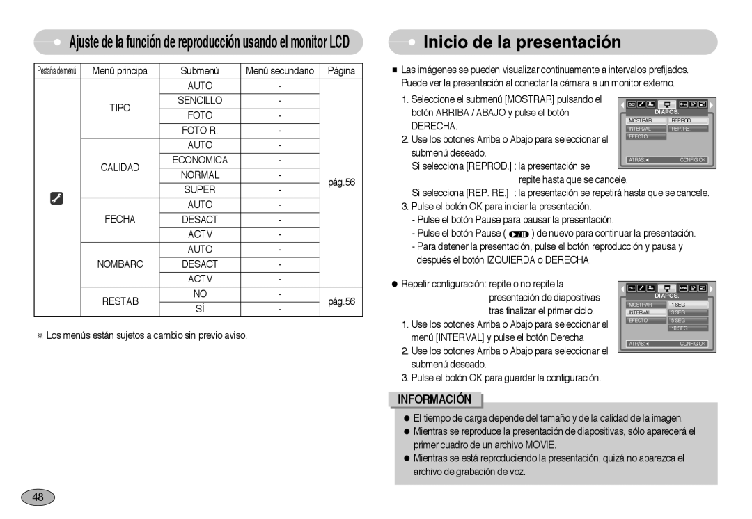 Samsung EC-NV3ZZSBA/E1 manual Inicio de la presentación, Auto Tipo Sencillo Foto Foto R Calidad Economica Normal, Restab 