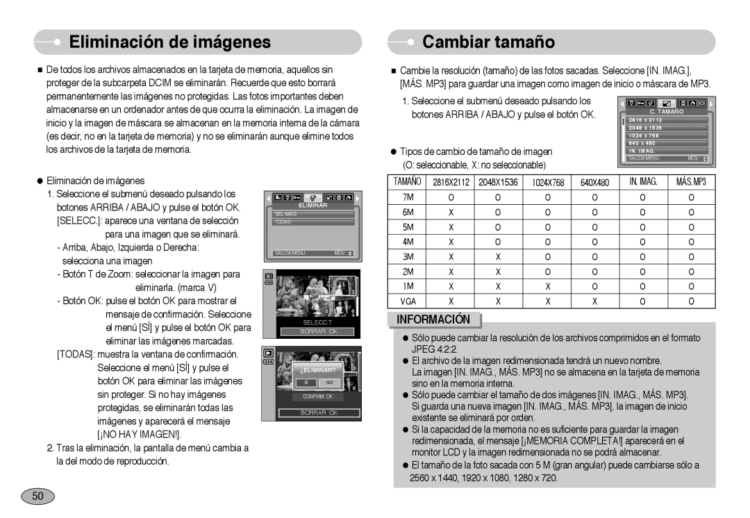 Samsung EC-NV3ZZSBA/DE, EC-NV3ZZSBA/E1, EC-NV3ZZBBD/E1, EC-NV3ZZBBA/SP manual Eliminación de imágenes, Cambiar tamaño 